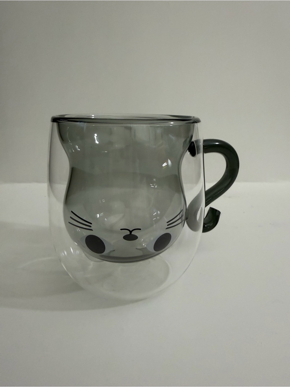 Gray Cat Double-Wall Glass Mug with Handle - Cute Animal Design